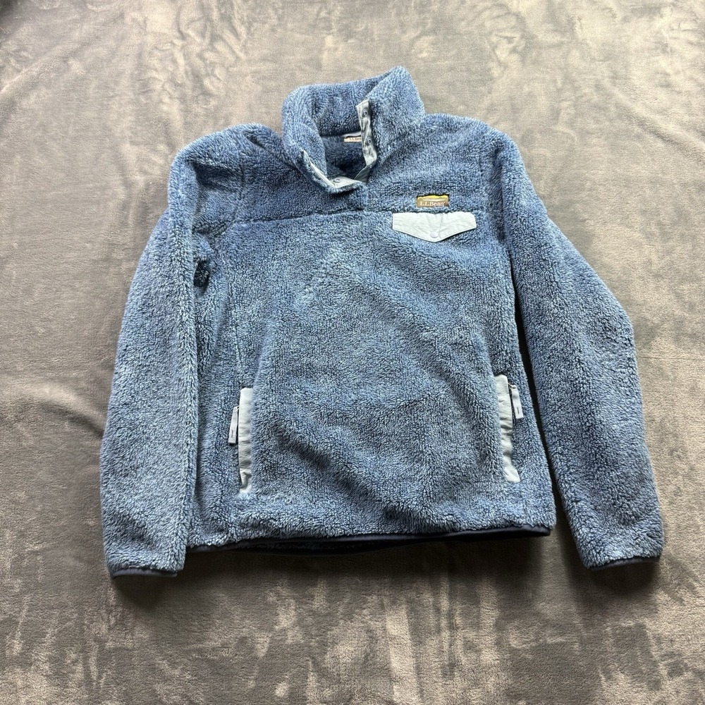 L.L.Bean Women's Medium Hi-Pile Fleece Pullover Blue Sherpa Snap Pocket